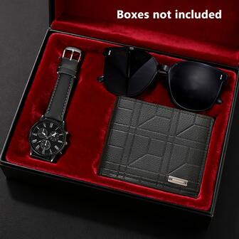 Men's Watch Set - Includes PU Leather Watch, Minimalist Wallet, And Stylish Sunglasses. Perfect For Business And Everyday Wear, Matching Your Personalized