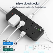 Surge Protector Power Strip, 4.9-Foot Power Cord, Flat Plug Extension Cord With USB C, 14 Wide-Spaced Sockets, 32W Fast Charging 3.0 And USB C Power Supply - 美規B型插(110-127V) - 查看 2