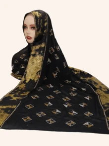 1pc Women's Fashionable Hijab Headscarf With Rhinestone Patchwork And Metallic Foil Fabric, Middle Eastern Style