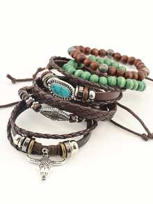 6pcs Brown Classic Bull Head Sunflower Multi-Layer Stackable Adjustable Unisex Bracelet Set Party Western Daily Wear Perfect Music Festival Friendship Gift Christmas Jewelry Matching Bracelets Thanksgiving Christmas Gifts,Western,Country,Western Jewelry