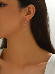 1 paire de boucles d'oreilles vintage élégantes géométriques, boucles d'oreilles longues à pendentif pour femmes au visage rond, clips d'oreilles mode - Argent - Voir 6