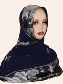 1pc Women's Fashionable Hijab Headscarf With Rhinestone Patchwork And Metallic Foil Fabric, Middle Eastern Style