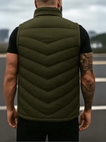 Chaleco Acolchado Negro para Hombre con Bolsillos, Cierre Frontal, Estilo Urbano Casual-Formal, Cardigan de ajuste - Verde Oliva - Ver 2