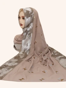 1pc Women's Fashionable Hijab Headscarf With Rhinestone Patchwork And Metallic Foil Fabric, Middle Eastern Style