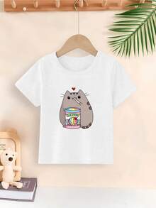 Camiseta infantil con estampado de adorable gato comiendo helado, 100% algodón, suave y cómoda, ropa informal de verano para niña. - Blanco - Ver 1