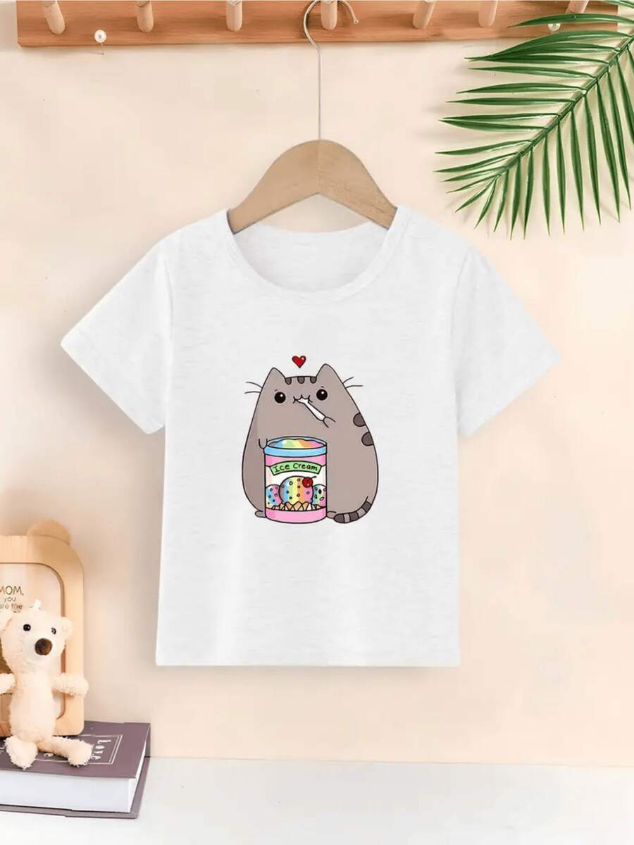 Camiseta infantil con estampado de adorable gato comiendo helado, 100% algodón, suave y cómoda, ropa informal de verano para niña. - Blanco - Ver 1