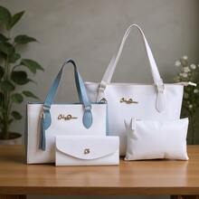 Kit 4 Anjik Medium Women's Bags + Wallet + Tote Bag + Toiletry Bag, Zipper Closure, Synthetic PU, Everyday Bag, Luxurious, Elegant, Party, Work, School, University. Gaby Show - Blue and White - View 2