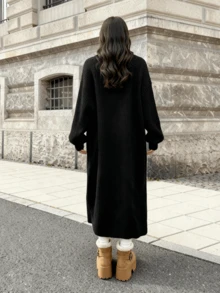 黑色长款针织开衫，休闲日常约会街头风女装外套 - 黑色 - 查看 6