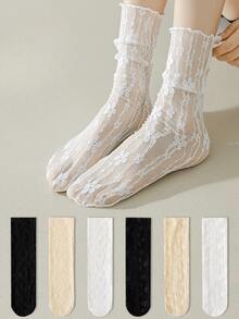 6 Pairs Of Lace Flower Mesh Hollow Out Mid-Calf Socks