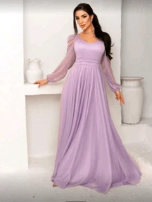 Long Dress Puff Sleeve Graduation Party Wedding Bridesmaid Guest - Lilac Purple - View 1