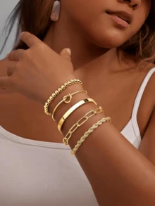 5pcs 18K Gold Plated Stainless Steel Women's Bracelets Set, Includes Curb Chain, Braided, Paper Clip, Twist Flower, Beaded Chain Bracelets, Layered Gold Tone Bangles, Bohemian Style, Elegant Jewelry - Stackable Bracelets - View 2