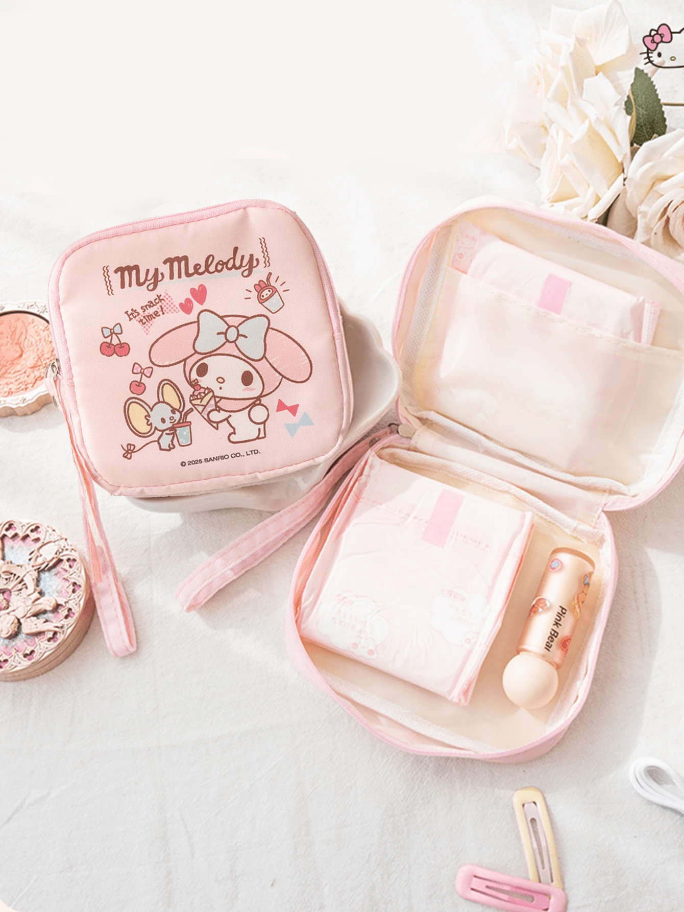 Túi đựng mỹ phẩm chống nước Sanrio My Melody, Túi đựng màu hồng dễ thương có khóa kéo trơn tru, Vải bền, Lớp lót, Dây đeo di động, Hoàn hảo để sử dụng hàng ngày và khi đi du lịch, Lý tưởng cho phụ nữ và thanh thiếu niên, Tuyệt vời để đựng đồ trang điểm và đồ vệ sinh cá nhân - Giai điệu - Xem 1