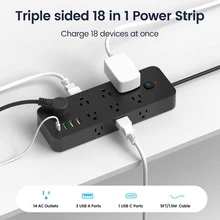 Surge Protector Power Strip, 4.9-Foot Power Cord, Flat Plug Extension Cord With USB C, 14 Wide-Spaced Sockets, 32W Fast Charging 3.0 And USB C Power Supply - 美規B型插(110-127V) - 查看 3
