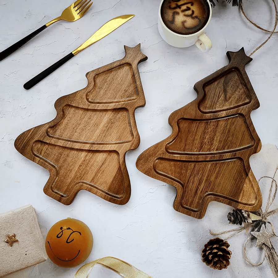 1 pieza Bandeja de madera para vacaciones, Plato de madera con diseño de árbol de Navidad, Bandeja para aperitivos y dulces, Bandeja de almacenamiento de escritorio, Bandeja de decoración navideña, Bandeja para ensalada de frutas y pan, Bandeja creativa con estrella de árbol de Navidad, Lavable