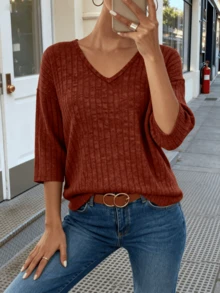 Áo len cổ chữ V màu gỉ sắt, áo nữ thanh lịch, thoải mái mặc hàng ngày đi làm. - Đỏ - Xem 2