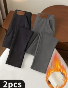2-Piece Women's Warm Fleece Lining Fleece Pants - Compression Tight Pants For Running Workout, Stretchy Comfortable Casual Long Pants, Stretchy Soft Lightweight Fabric, Suitable For Running&Dancing&Yoga, Autumn/Winter Casual Wear, High Waist Plush Yoga Pants Outdoor Cycling Running Fitness Skiing Leggings - Đen + Xám - Xem 1