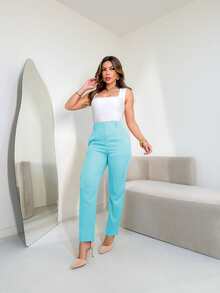 MODA MO, REF: 3283 Women's Tailored Pants, High Waist, With Pockets, Formal, Modern, Elegant, New Collection, Style, Comfortable, Quality Fabric, Sophisticated Look, Versatile, Casual, For Work, Occasional, Women's Fashion Piece, Contemporary Style, Available For Purchase Throughout The Country - 水藍色 - 查看 4