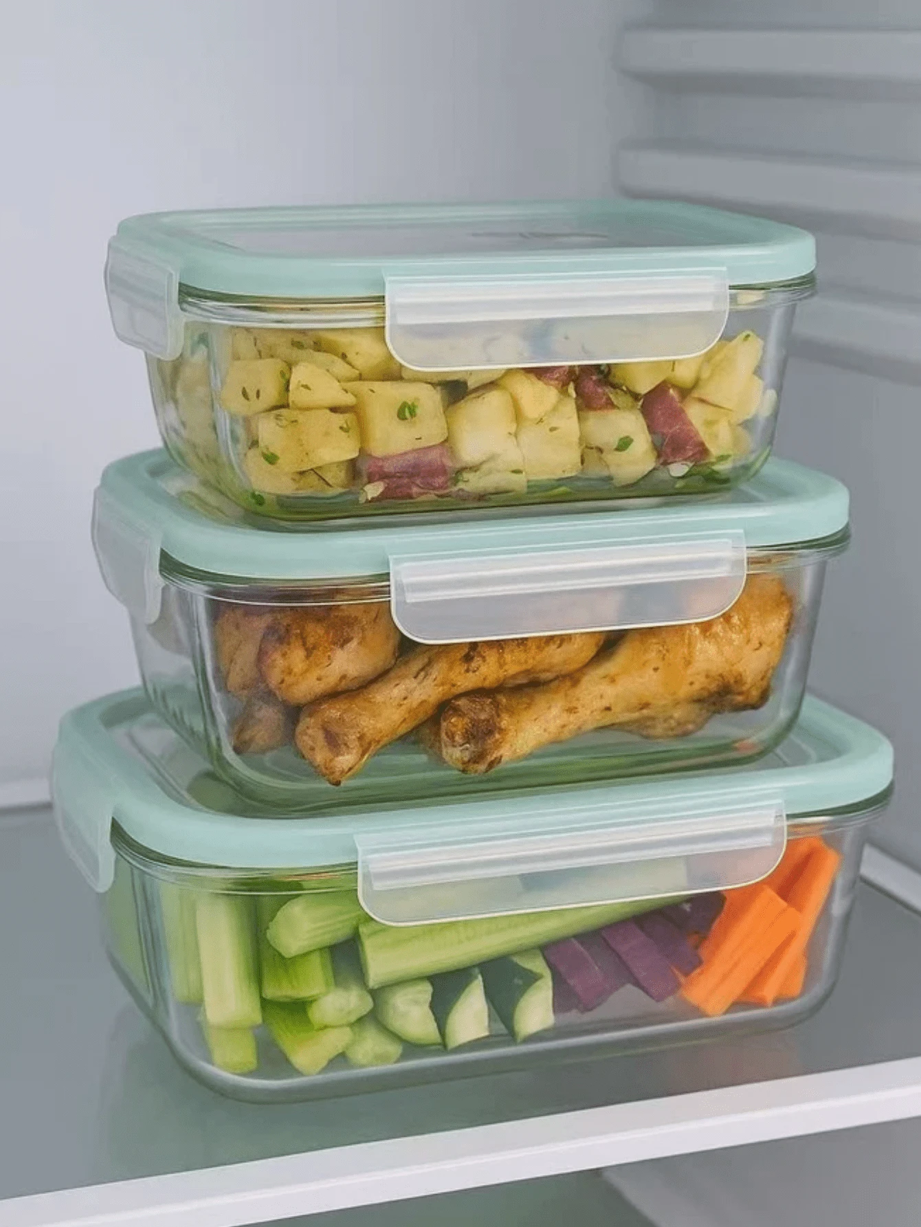 Kit 3 Potes De Vidro Borossilicato Com Tampa Hermética 4 Travas Antivazamento 1040ML 640ML 330ML Marmita Freezer Micro-ondas