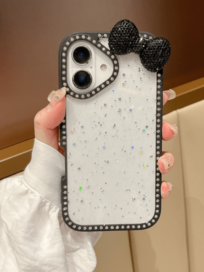 Bow-Knot Luxury Bling Rhinestone Bow Epoxy Glitter Transparent Case Compatible With Iphone 16 Pro Max 15 14 13 Shockproof Protection Bumper Hard Acrylic Cover