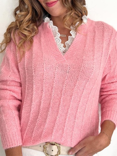 Jersey de cuello en V de manga larga con costillas en color rosa, diseño de hombros caídos, para mujer, otoño/invierno, talla grande