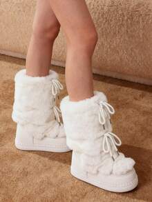 Women's Faux Fur Boots  Fuzzy Fluffy Furry Snow Boots Round Toe With Lace-Up Design Cute Warm Suitable For Christmas Halloween And Winter - trắng - Xem 4