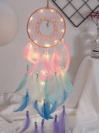 1 件热气球少女可爱羽毛捕梦网装饰，适用于房间、客厅、阳台、风铃、婚礼派对装饰（羽毛为人造）、家居装饰、房间装饰、墙壁装饰