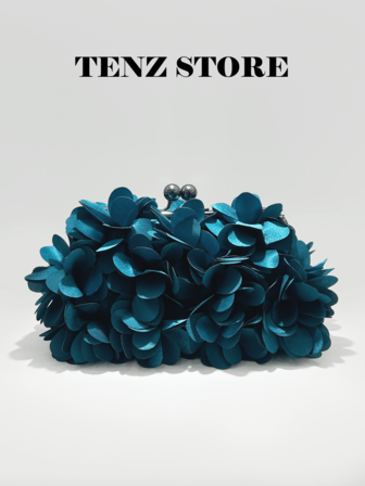 Women Fall Winter Elegant Teal Blue Satin Floral Petal Evening Clutch Bag, Insert Crossbody Chain, Perfect For Prom, Spring Weddings, Parties, Cocktail Events, Vacation Looks, Graduation, Gender Reveal Party And Formal Occasions, Suitable For Your Satin Silk Dress