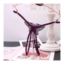 Sekexi Fashion Women Sexy Underwear Cutout Pendant Pearl Beads Embellished Lace Butterfly G-String Thong Underpants - ColorH - 查看 3