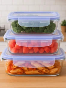 Kit 3 Potes De Vidro Borossilicato Com Tampa Hermética 4 Travas Antivazamento 1040ML 640ML 330ML Marmita Freezer Micro-ondas