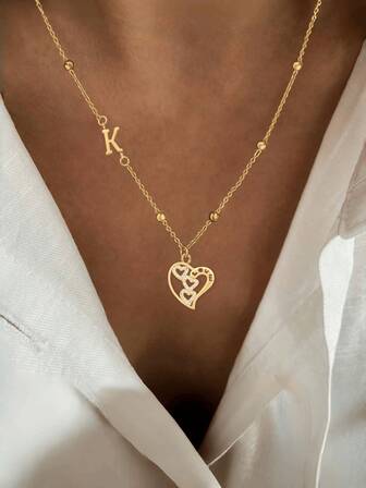 1 pieza de collar con forma de corazón lindo y personalizado con letras de la A a la Z para mujeres, adecuado para uso diario, vacaciones, viajes, compras, turismo, fotografía, decoración, etc.