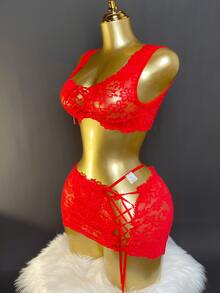 SOFUSEN Modern Elegance New Sexy Mini Skirt With Mesh Socks Bra Underwear Hip Hugging Skirt Women's See Through Strap Underwear Set For Beautiful Night - 紅色 - 查看 3