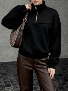 黑色半拉链都市现代风卫衣，女士休闲长袖套头衫，春季旅行及日常穿着 - 黑色 - 查看 6