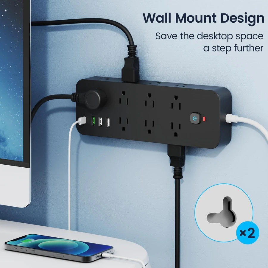 Surge Protector Power Strip, 4.9-Foot Power Cord, Flat Plug Extension Cord With USB C, 14 Wide-Spaced Sockets, 32W Fast Charging 3.0 And USB C Power Supply - 美規B型插(110-127V) - 查看 1