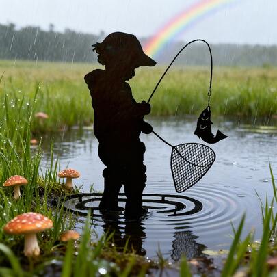 Adorno de jardín de pescador de metal moderno para niño - Encantadora decoración artística para exteriores para terraza, patio o cabaña - Diseño resistente a la intemperie con detalles de silueta intrincados, adorno de exterior | Silueta de metal moderna | Silueta artística