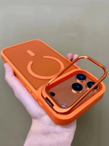 Luxury Translucent Matte Acrylic Magnetic Bracket Phone Case Compatible With IPhone 17 Pro Max Air 16 15 14 13 12 11 Pro Max Plus Magnetic Wireless Charging 16 Pro Cases Skin Feel Metal Lens Holder Shockproof Cover - Orange - View 3