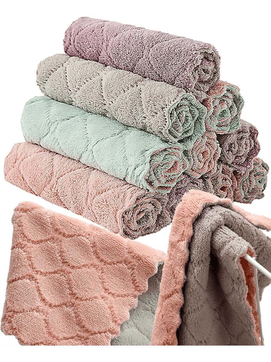 10pcs Kitchen Towels Quick Dry Washcloths, Coral Velvet Dishtowels Multipurpose Reusable Cloths, Soft Tea Absorbent Cleaning Cloths Double-Sided Microfiber Lint Free Rags. - Colorful - View 1