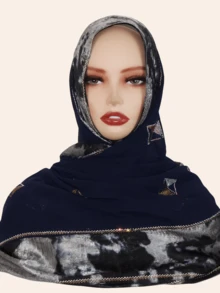 1pc Women's Fashionable Hijab Headscarf With Rhinestone Patchwork And Metallic Foil Fabric, Middle Eastern Style