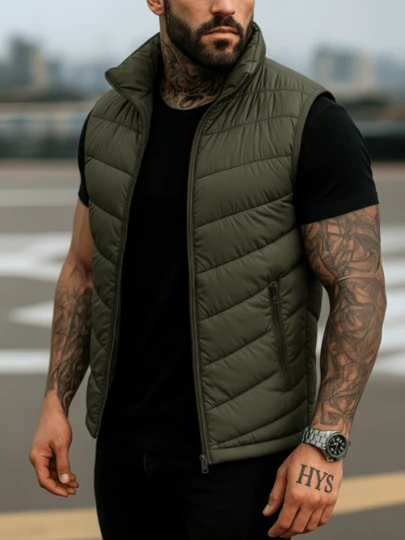 Chaleco Acolchado Negro para Hombre con Bolsillos, Cierre Frontal, Estilo Urbano Casual-Formal, Cardigan de ajuste