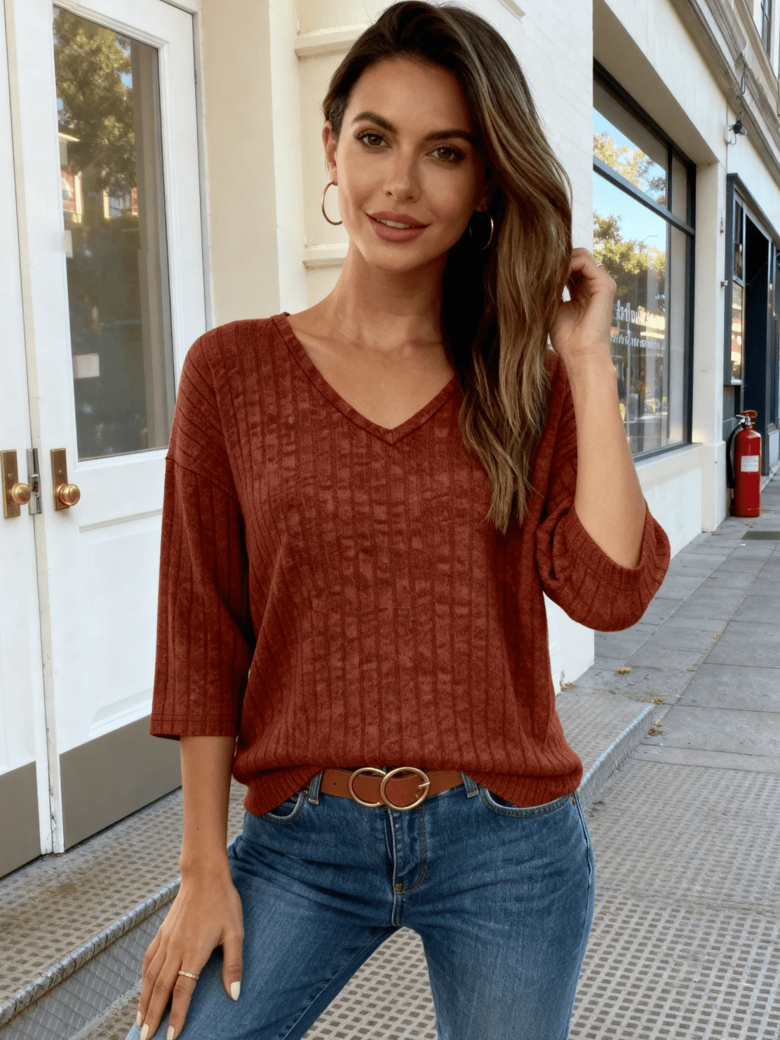 Áo len cổ chữ V màu gỉ sắt, áo nữ thanh lịch, thoải mái mặc hàng ngày đi làm. - Đỏ - Xem 1