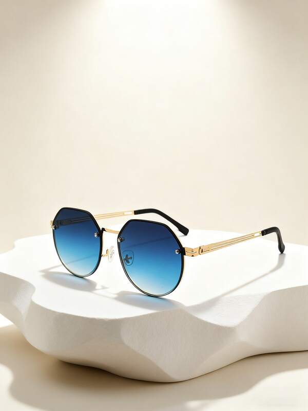 Fashionable Ombre Blue Metal Glasses, Street Style Decorative Glasses, Geometric Polygon Retro Women Fashion Glasses