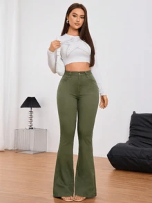 Vaqueros casuales de mezclilla elástica de pierna acampanada para mujer, largos, con bolsillos con cremallera y botones - Verde militar - Ver 3