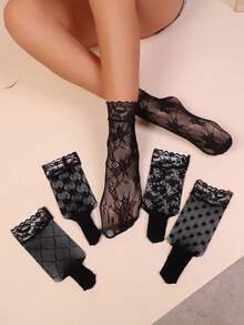5 Pairs Lace Patchwork Ankle Socks, Women's Thin Sexy Hollow Out Short Socks, Ankle Socks For Summer