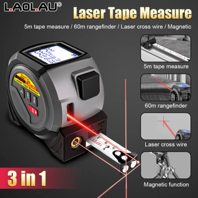 L.A.OL.A.U 1 pieza Medidor de distancia láser de alta precisión 3 en 1 y cinta métrica, cinta métrica de acero de 5m/16ft + medidor de distancia láser de 60m/40m, negro y gris, pantalla LCD, nivel láser de línea cruzada, herramienta de medición de distancia para sitio de construcción, agrimensura/cartografía al aire libre, viajes al aire libre