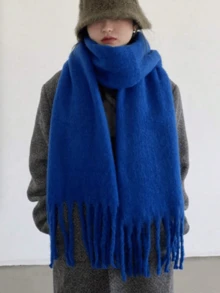 1pc Solid Color Scarf, Winter Warm Neck, Thickened Knitted Thick Fringed Shawl, Can Be Worn - Royal Blue - View 10