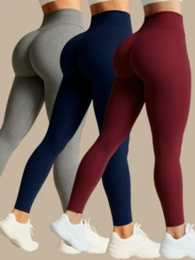 Kit 3 High Waist Legging Pants With No Transparency - 1藏青色+1酒紅+1灰色 - 查看 2