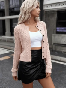 Pink Cable Knit Gentle Sweet Cropped Cardigan, Casual Button Up Sweater For Daily & Dating - Pink - View 6