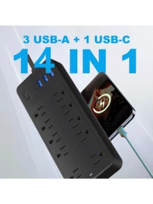 Surge Protector Power Strip With Multiple Outlets, Overload Protection, 10 Outlets With 1 USB C And 3 USB Ports, 3.94 Ft Power Cord - US B Type Plug(110-127V) - View 2
