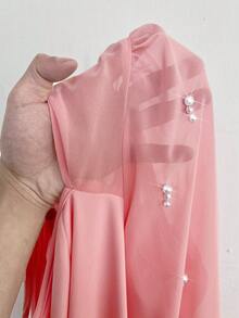 RNU Plus Size Women's Elegant High-Stretch Solid Color Fabric, Chiffon Sleeve Panels, Bow Tie Neckline, 3D Pearl Decor, Women's Plus Size New Autumn/Winter Outfit, Suitable For Concerts, Fashionable Versatile Outerwear For Parties, Gatherings, Dates, Christmas, New Year, Wedding Guest Attire, A-Line Silhouette, Fashionable Long Sleeve Dress - Pink - View 6