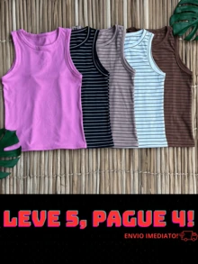 Kit 5 Ribbed Tank Top Striped And Plain Ribbed Basic T-Shirt Everyday Blouse Foreign Fashion Casual Summer Tank Top - Pink/WhiteLis/BlackLis/BeigeLis/BrownLis - View 1