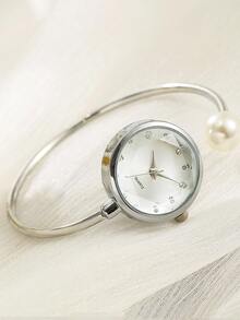 1pc Diamond-Studded Round Dial Pearl Bracelet Watch, Elegant Women's Watch - one-size - View 4